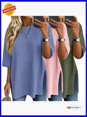 3 Pack 3/4 Sleeve Waffle Knit Tops Oversized Crewneck Tees Casual Side Split